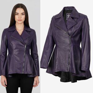Real 100% Genuine Leather Peplum Long Sleeves Asymmetric Jacket M Purple